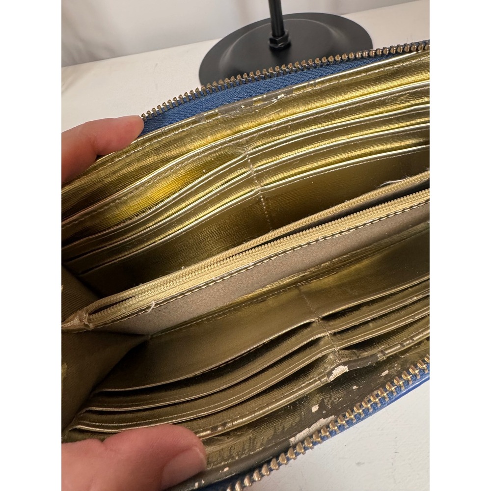 Fossil Metallic Gold Leather Star Garland Zip Around Clutch Wallet Blue Trim - Picture 6 of 8